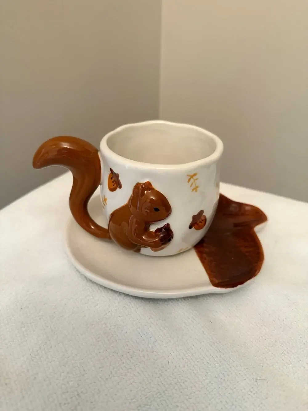 3D Cartoon Squirrel Mug with Hand Painted Acorns Ceramic Mug & Saucer Set, New